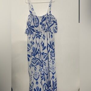 SHEIN Blue and White Printed Ruffle Maxi Jumpsuit Romper